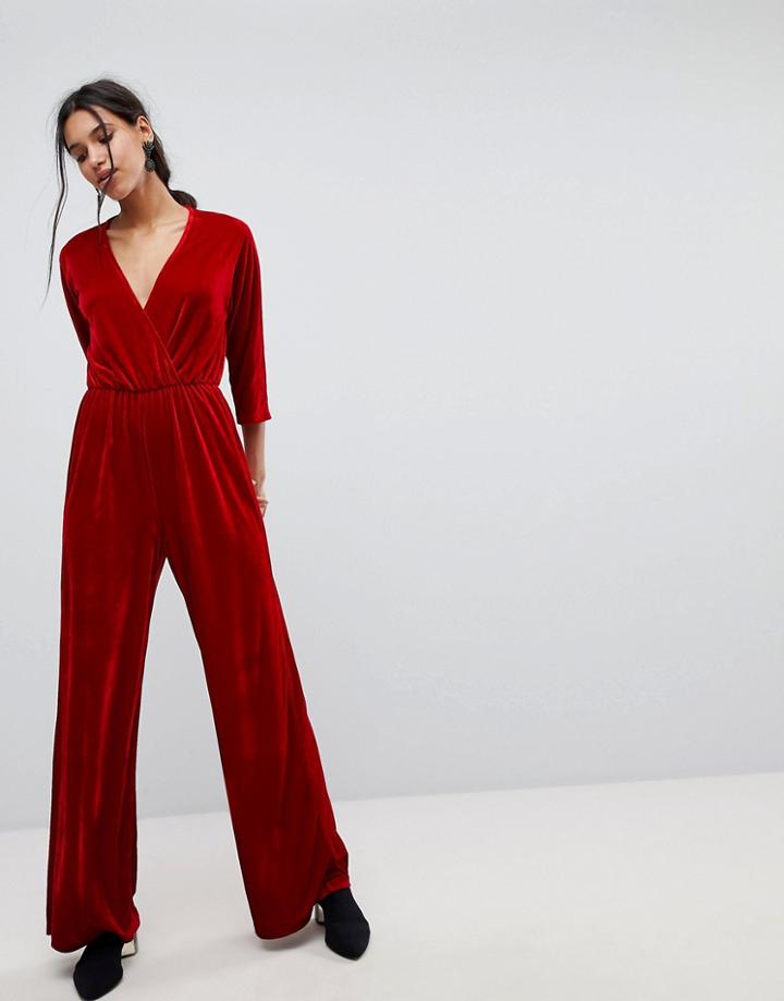 Stradivarius Velvet Wrap Front Jumpsuit - Red