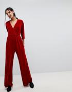 Stradivarius Velvet Wrap Front Jumpsuit - Red