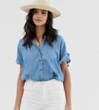 Esprit Frill Sleeve Denim Look Shirt In Blue - Navy
