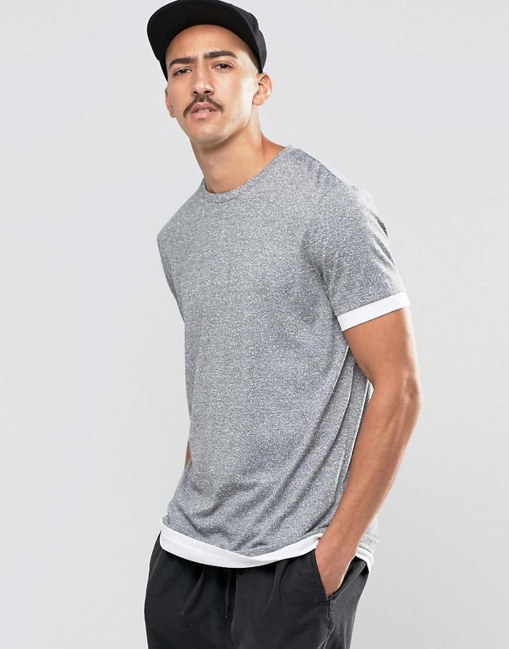 Asos Longline T-shirt In Knitted Fabric With Contrast Hem And Cuff - Charcoal