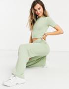Stradivarius Recycled Polyester Ribbed Wide Leg Pants In Sage Green - Part Of A Set