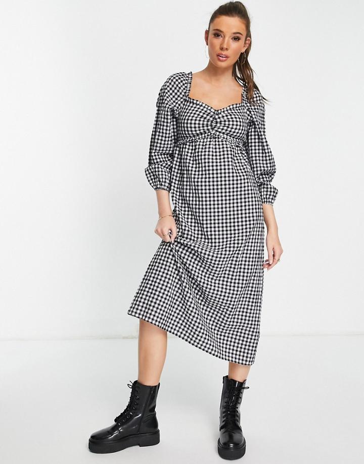 Miss Selfridge Ruched Bust Midi Dress In Mono Gingham-black