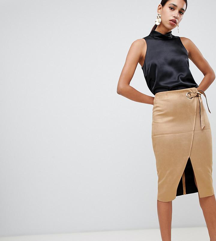 River Island Faux Suede Wrap Front Pencil Skirt In Light Camel - Beige