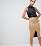 River Island Faux Suede Wrap Front Pencil Skirt In Light Camel - Beige