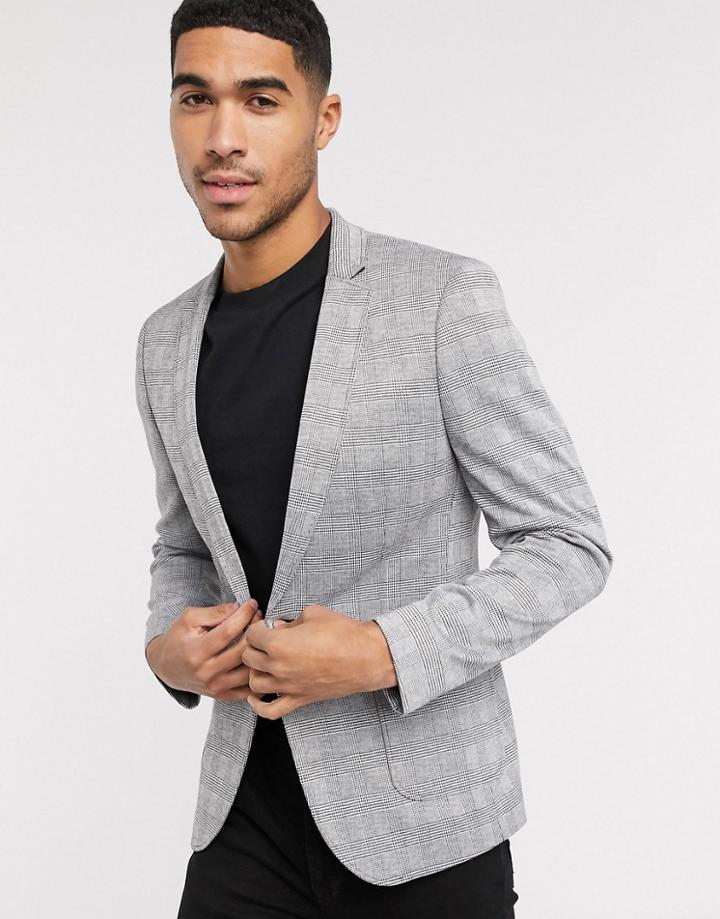 Asos Design Skinny Blazer In Gray Prince Of Wales Plaid Jersey