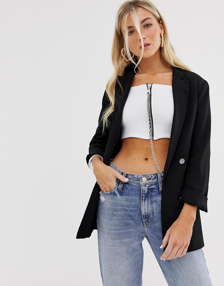 Bershka Blazer With 3/4 Sleeves In Black - Black