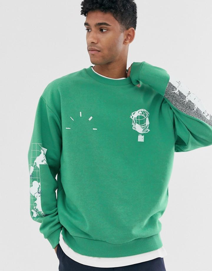 Asos Design Oversized Sweatshirt In Bright Green With Multi Placement Photographic Prints