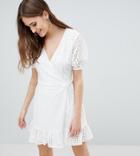 Fashion Union Tall Wrap Dress In Broderie - White