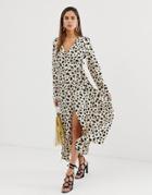 Asos Design Wrap Maxi Dress In Leopard Print-multi