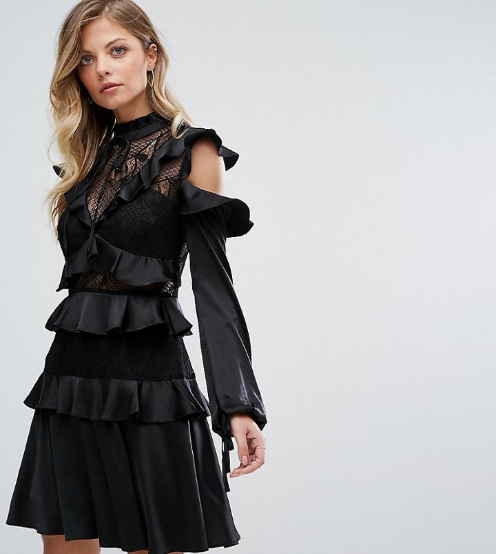 Dark Pink Exaggerated Ruffle High Neck Skater Dress - Black