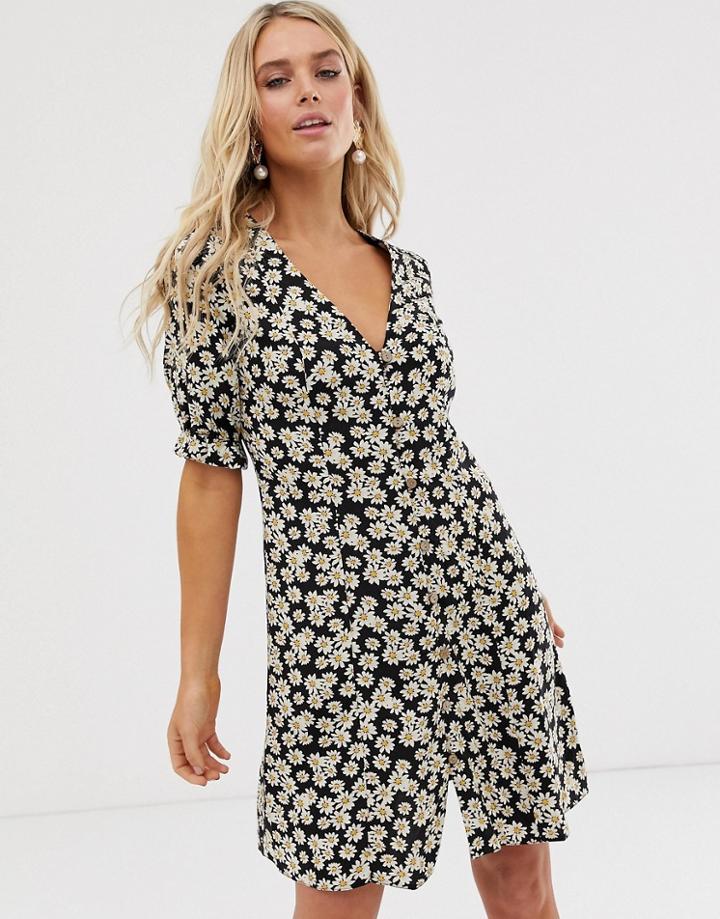 Nobody's Child Button Front Mini Dress In Daisy Print - Black