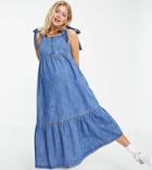 Asos Design Maternity Soft Denim Tiered Midi Dress In Mid Wash-blues