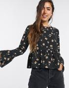 Asos Design Long Sleeve Smock Top In Spot & Floral Print-multi