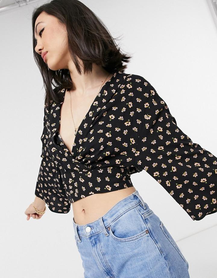 Asos Design Batwing Sleeve Wrap Top In Black Floral Print-multi