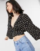 Asos Design Batwing Sleeve Wrap Top In Black Floral Print-multi