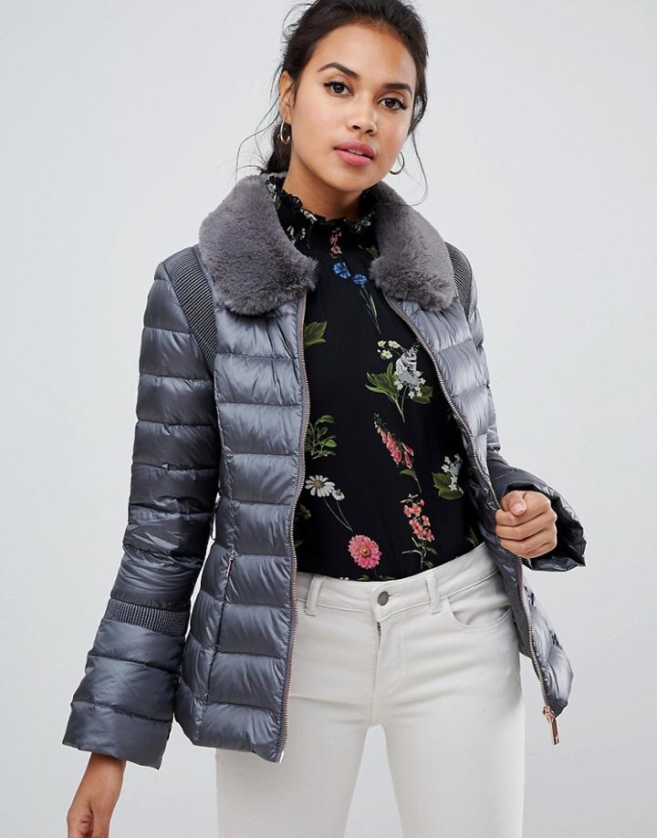 Ted Baker Yelta Faux Fur Collar Down Jacket - Gray