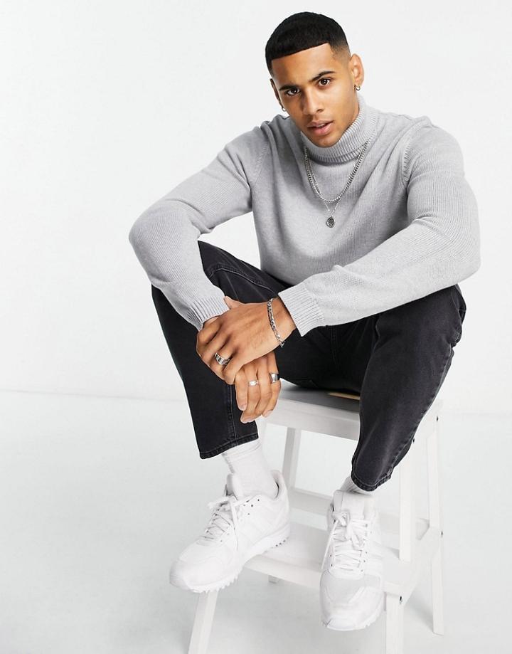 Asos Design Midweight Cotton Roll Neck Sweater In Light Gray-grey