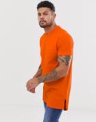 Asos Design Longline T-shirt With Side Splits In Orange - Orange