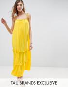Asos Tall Tie Cami Tiered Midi Dress Dress With Ruch Detail - Yellow