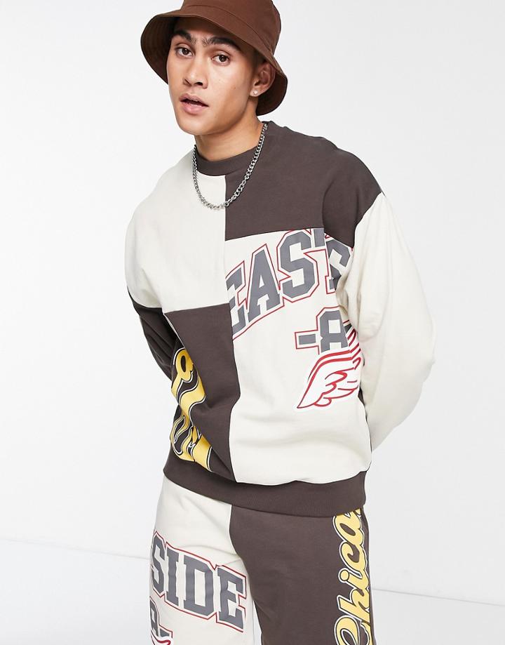 Asos Design Splice Print Sweatshirt In Brown And Beige Color Block - Part Of A Set