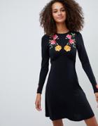 Asos Design Embroidered Long Sleeve Tea Dress-black