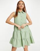 Lola May Tiered Button Front Smock Dress In Sage Green