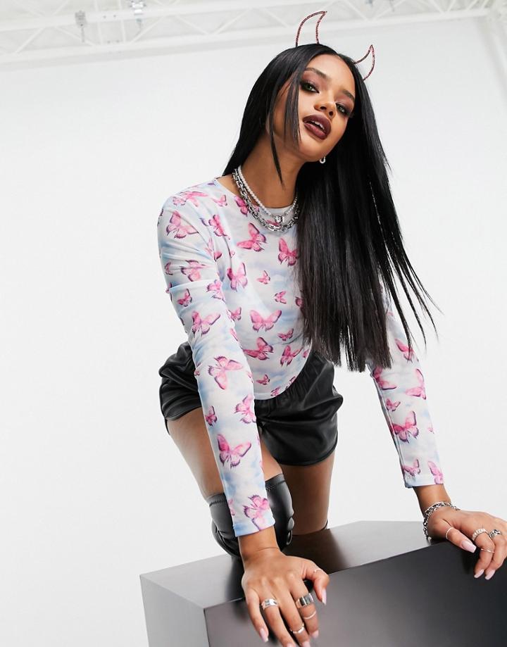 Asos Design Halloween Recycled Blend Fitted Mesh Top In Cloud Butterfly Print-multi