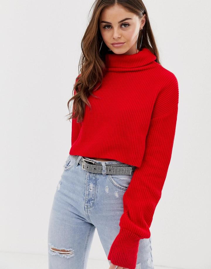 Prettylittlething High Neck Ribbed Sweater In Red - Brown