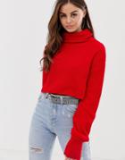 Prettylittlething High Neck Ribbed Sweater In Red - Brown