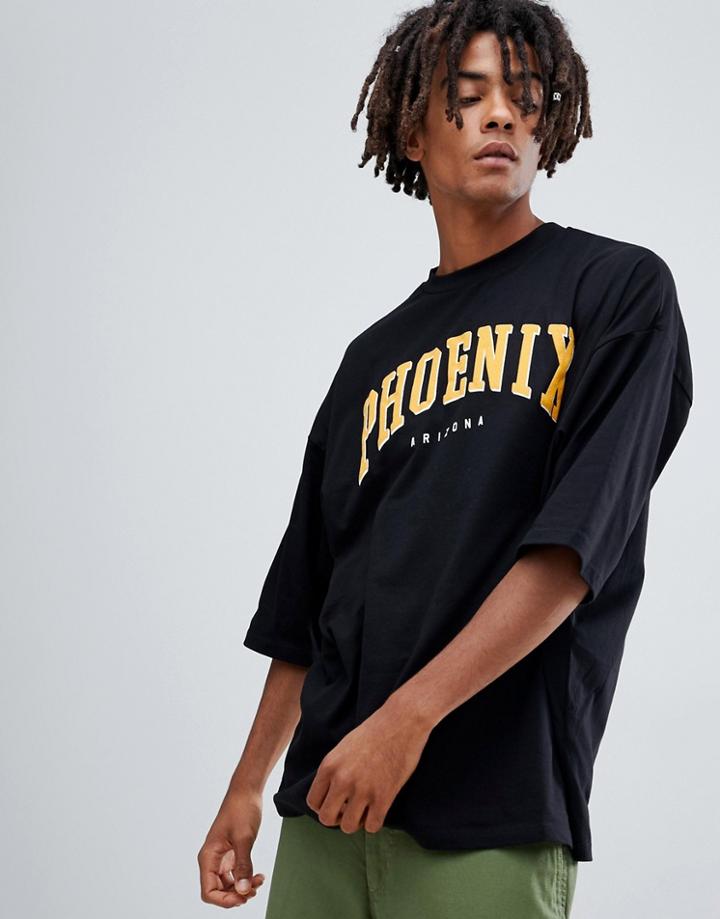 Asos Design Oversized T-shirt With Half Sleeve And Phoenix City Print - Black