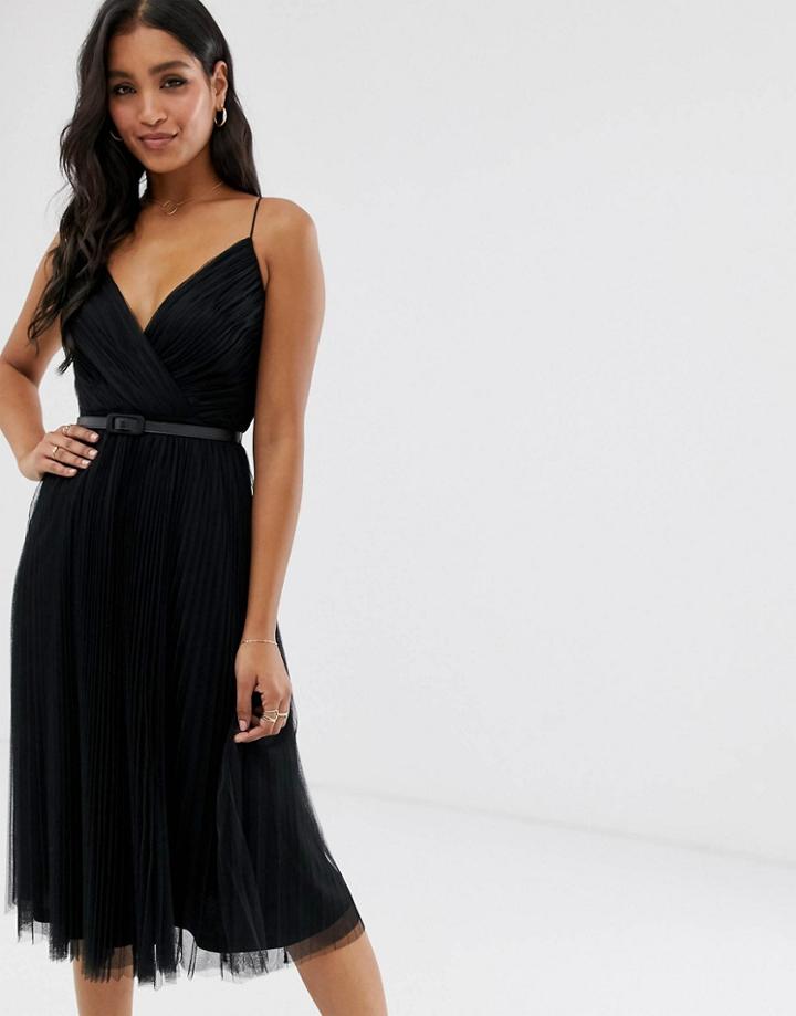 Asos Design Belted Pleated Tulle Cami Midi Dress-black