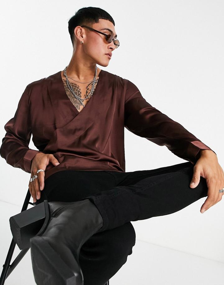 Asos Design Regular Fit Wrap Shirt In Brown Satin