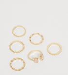 Asos Design Curve Pack Of 6 Rings In Engraved Design With Pink Stone In Gold Tone