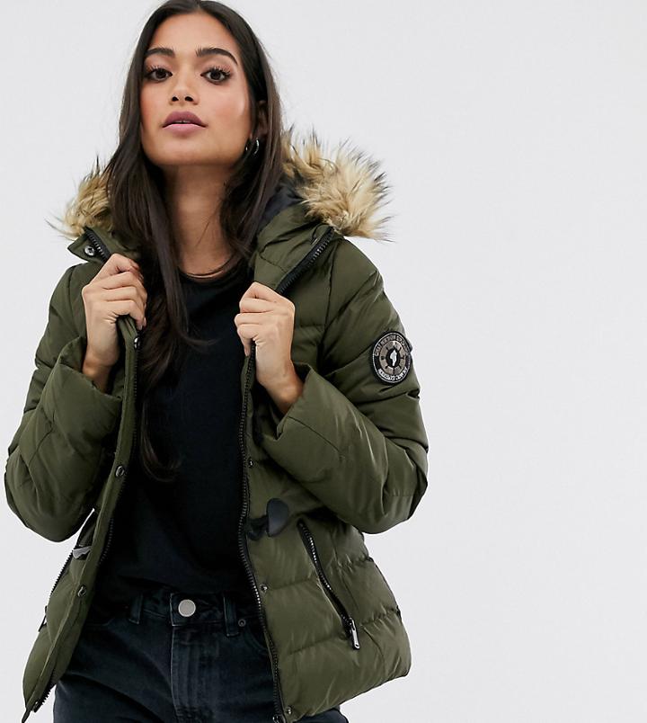 Brave Soul Petite Wizard Padded Coat With Faux Fur Hood-green