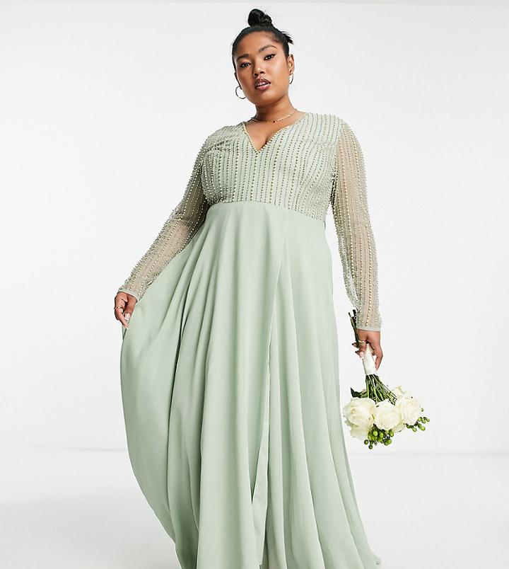 Asos Design Curve Bridesmaid Linear Embellished Bodice Maxi Dress With Wrap Skirt In Sage-green