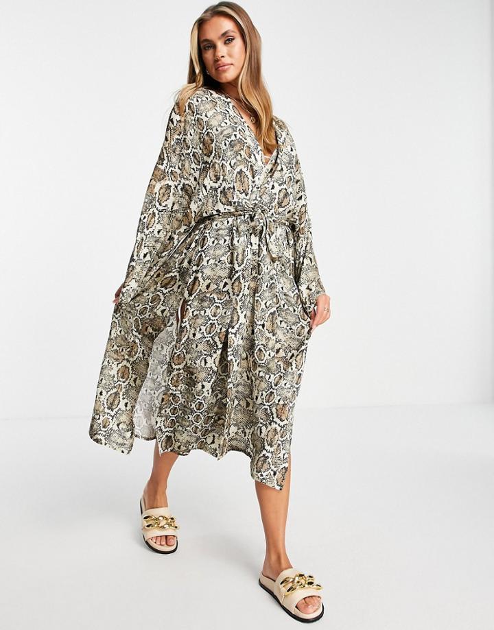Asos Design Belted Beach Kimono In Snake Print-multi