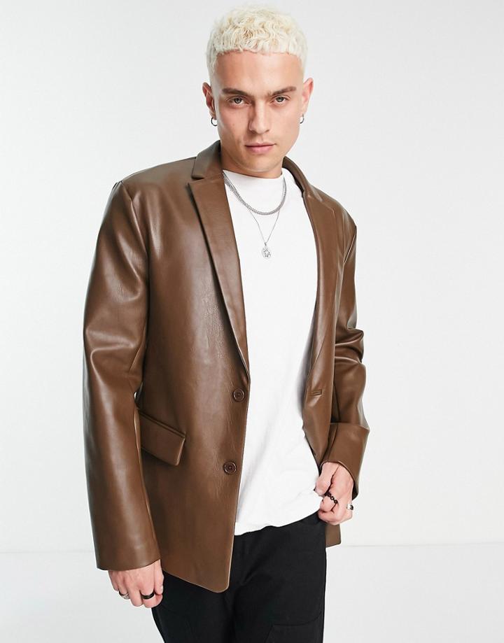 Asos Design Faux Leather Blazer In Brown