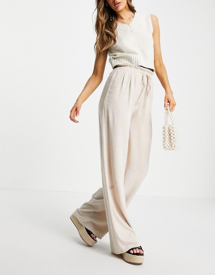 Pull & Bear Drawstring Linen Pants In Ecru-white