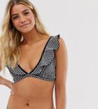 Brave Soul Frilled V Neck Bikini Top In Gingham - Black