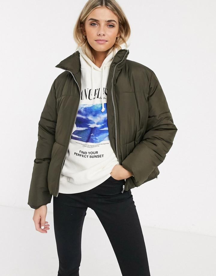 New Look Boxy Puffer Jacket In Khaki-green