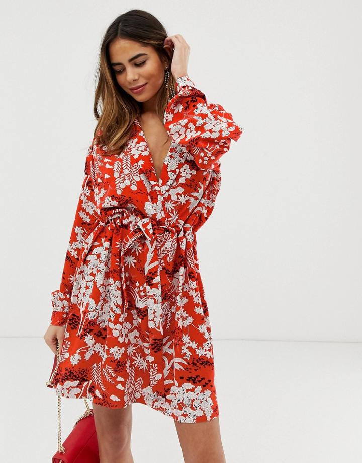 Liquorish Floral Wrap Front Mini Dress With Tie Belt-multi
