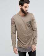 Asos Longline Long Sleeve T-shirt With Chest Print And Contrast Double Layer Effect - Tan