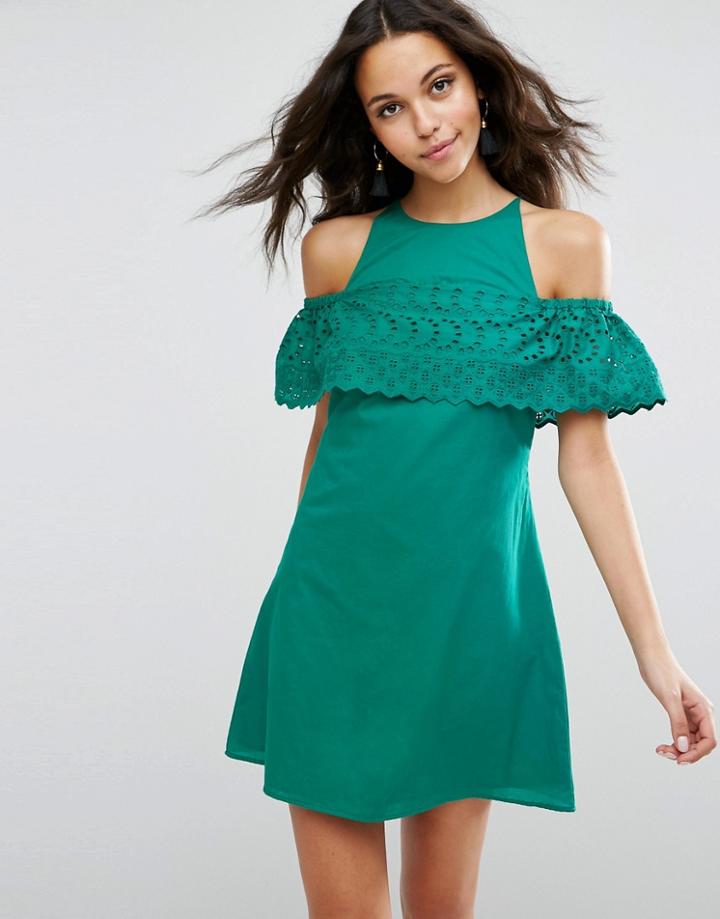 Asos Broderie Cold Shoulder Sundress - Green