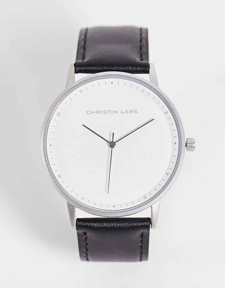 Christian Lars Mens Minimal Watch With Leather Strap In Black-silver