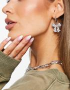 Asos Design Hoop Earrings With Crystal Bow Charm In Silver Tone