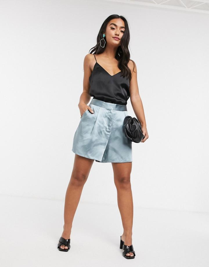Asos Design Satin Suit Shorts In Powder Blue-blues