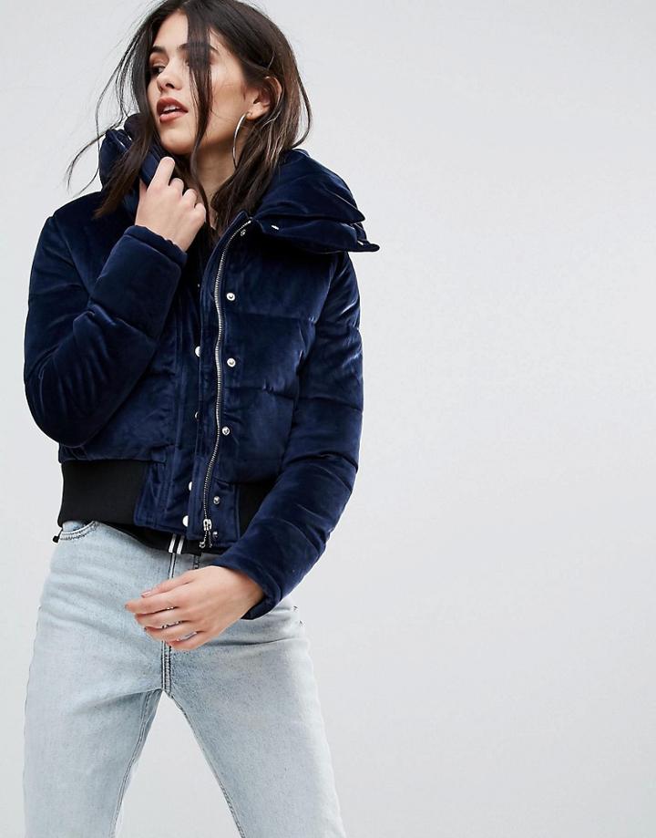 Missguided Velvet Cropped Padded Coat - Navy
