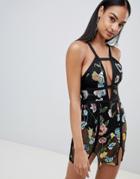 Rare London Embroidered Flower Strap Mini Dress-black