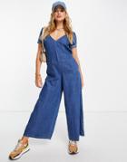Asos Design Soft Denim Jumpsuit In Midwash-blues