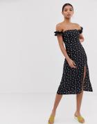 Fashion Union Bardot Midi Dress With Split In Daisy Print-black